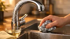 Cum cureți bateria de bucătărie de calcar cu folie de aluminiu și oțet, în 5 pași