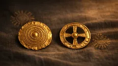 Două ornamente din foiță de aur din Kefalonia care rescriu simbolurile soarelui în Epoca Bronzului